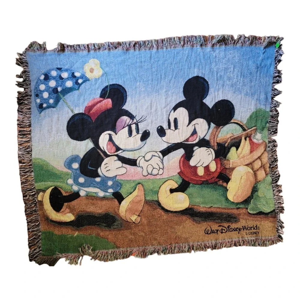 Vintage Disney World Mickey & Minnie Mouse Blanket Tapestry Woven Throw Fringe.
